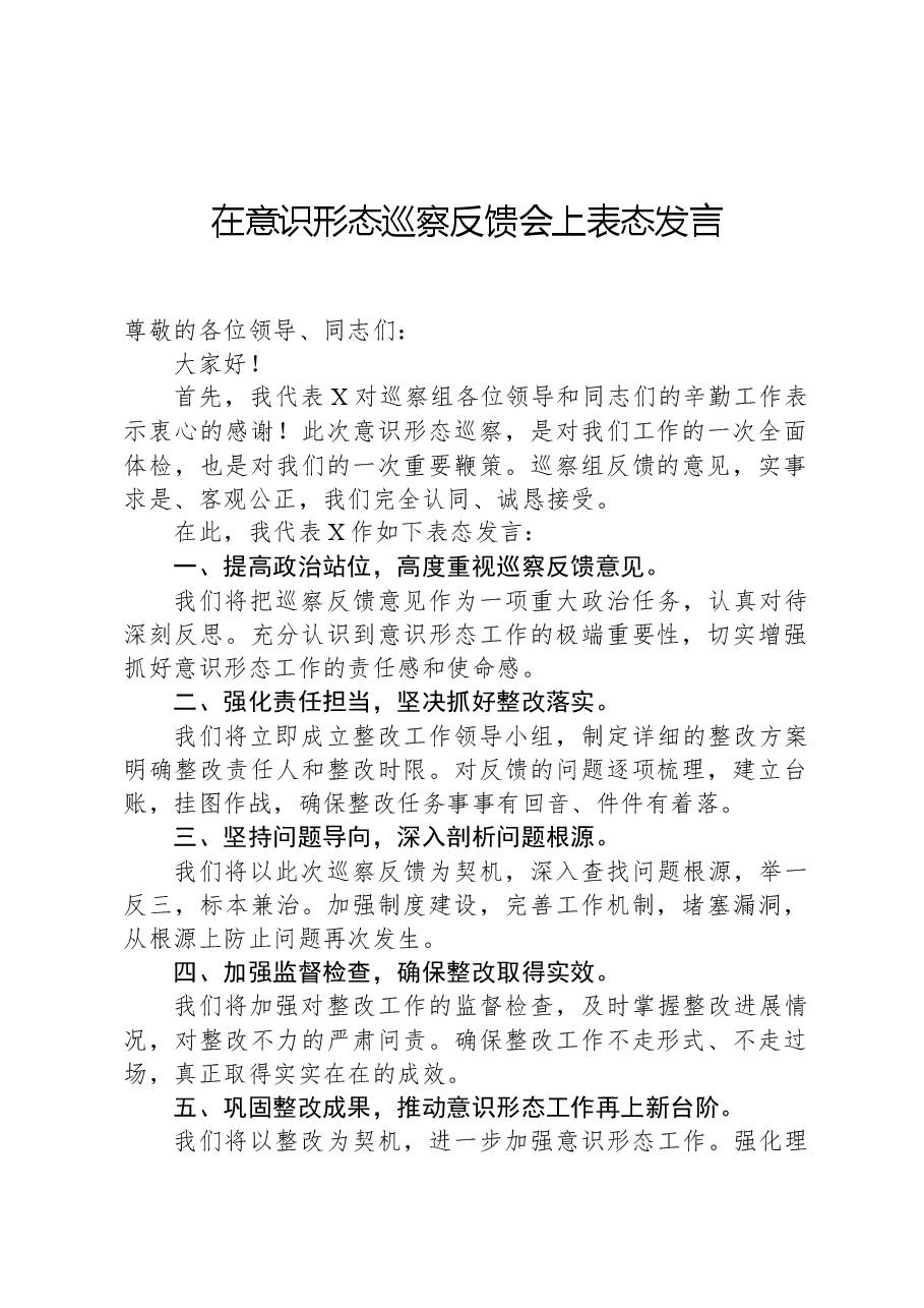 在意识形态巡察反馈会上表态发言.docx,第1页预览