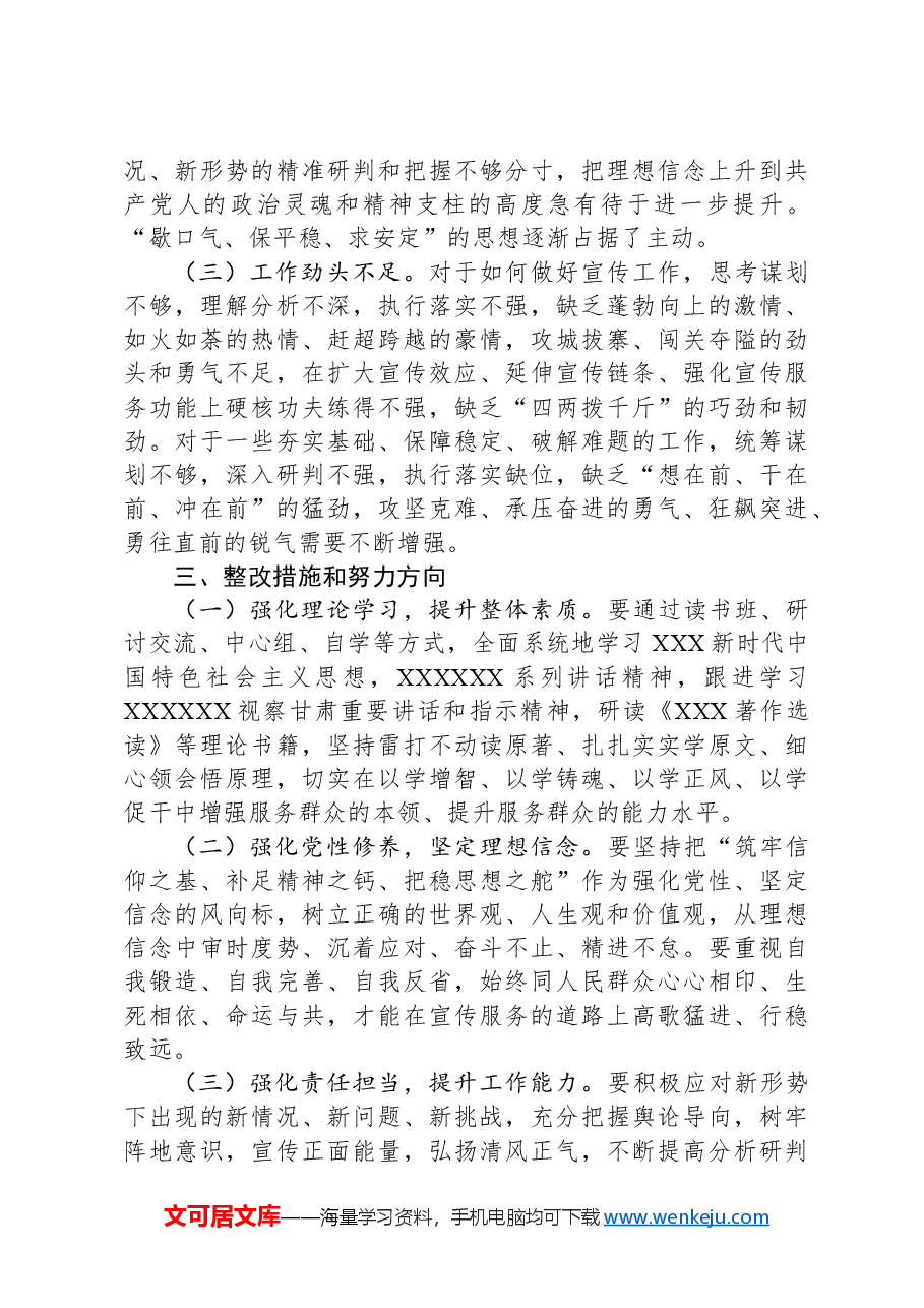 区委宣传部长2023年度主题教育专题民主生活会个人对照检查材料.docx,第4页预览