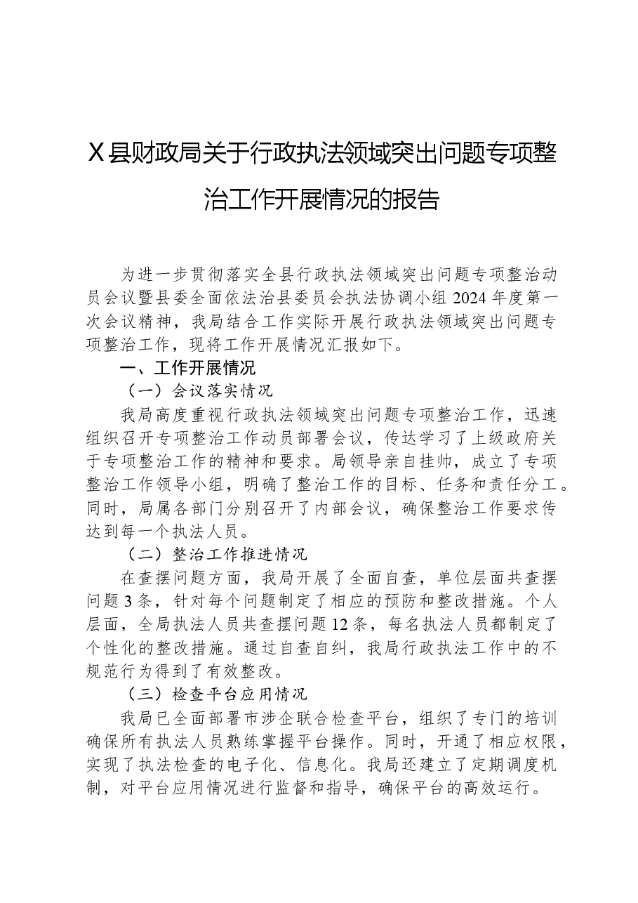 X县财政局关于行政执法领域突出问题专项整治工作开展情况的报告.docx,第1页预览