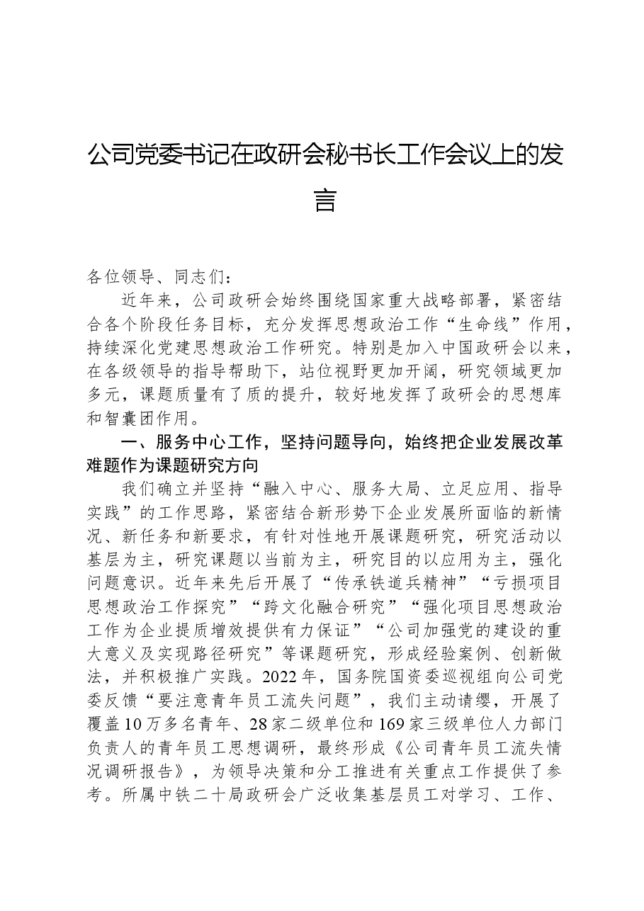 公司党委书记在政研会秘书长工作会议上的发言.docx,第1页预览