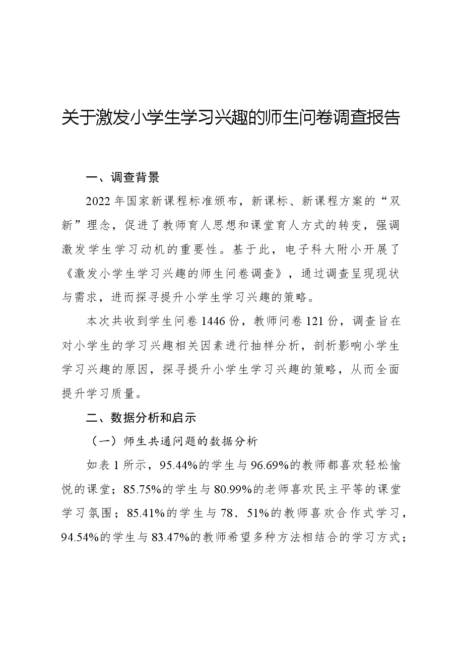 关于激发小学生学习兴趣的师生问卷调查报告.docx,第1页预览