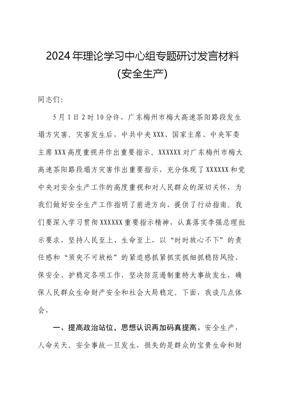 2024年理论学习中心组专题研讨发言材料(安全生产).docx,第1页预览