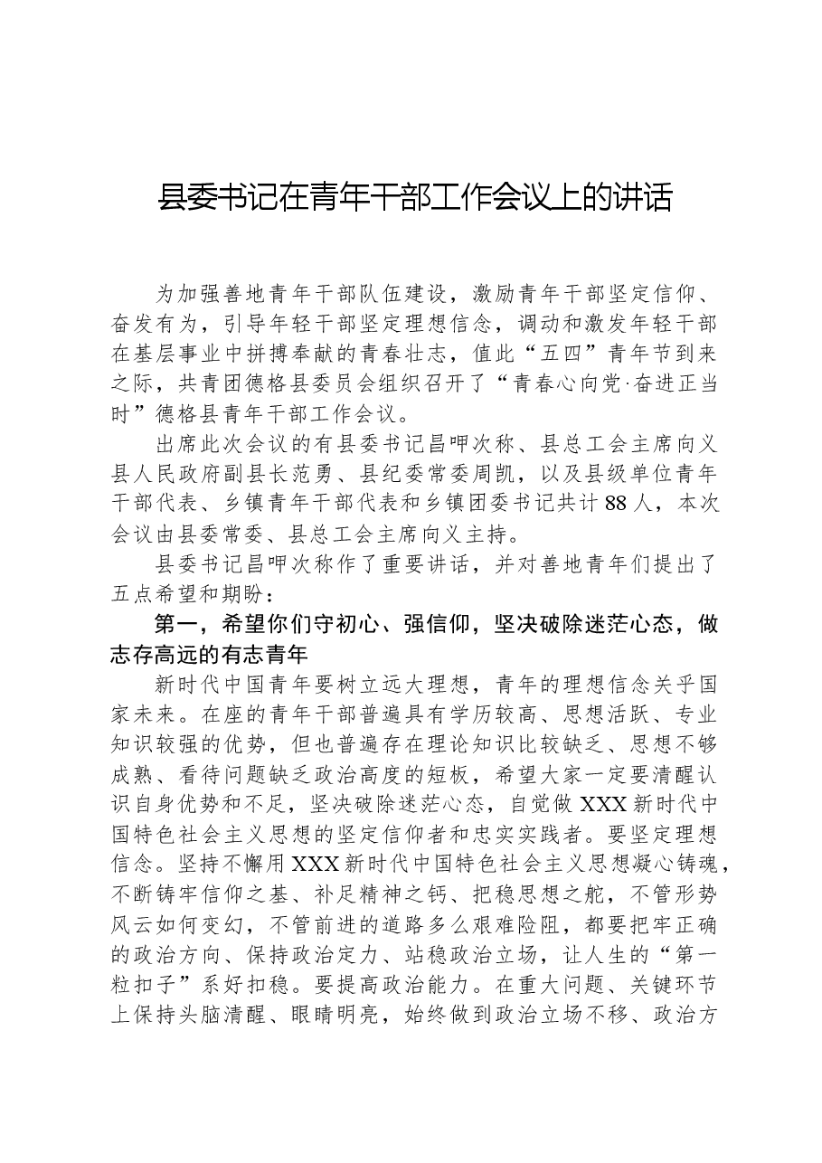 县委书记在青年干部工作会议上的讲话.docx,第1页预览