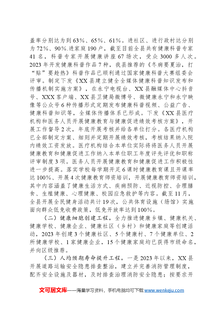 XX县2023年全民健康水平提升行动工作总结.docx,第2页预览