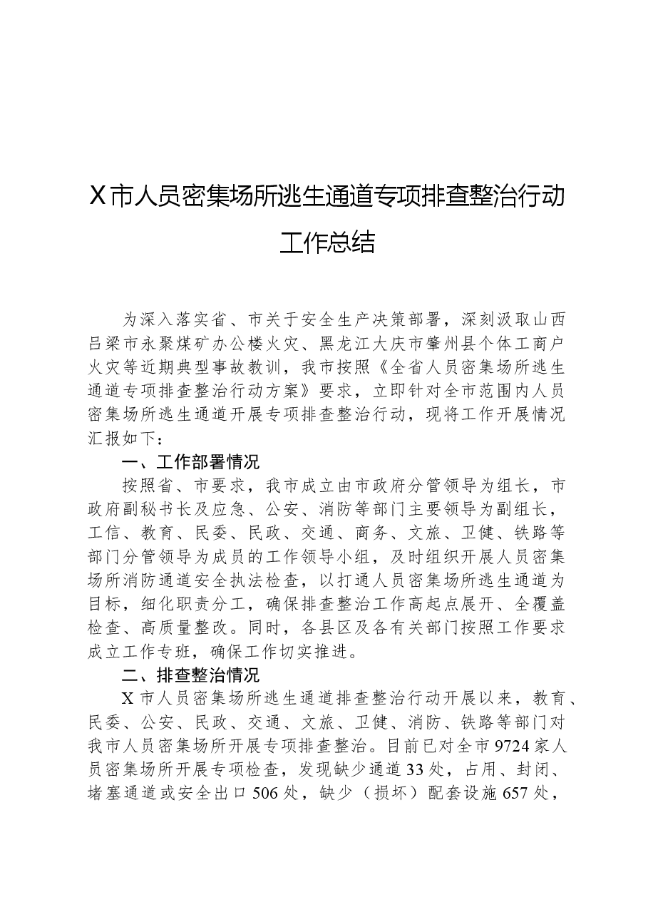 X市人员密集场所逃生通道专项排查整治行动工作总结.docx,第1页预览
