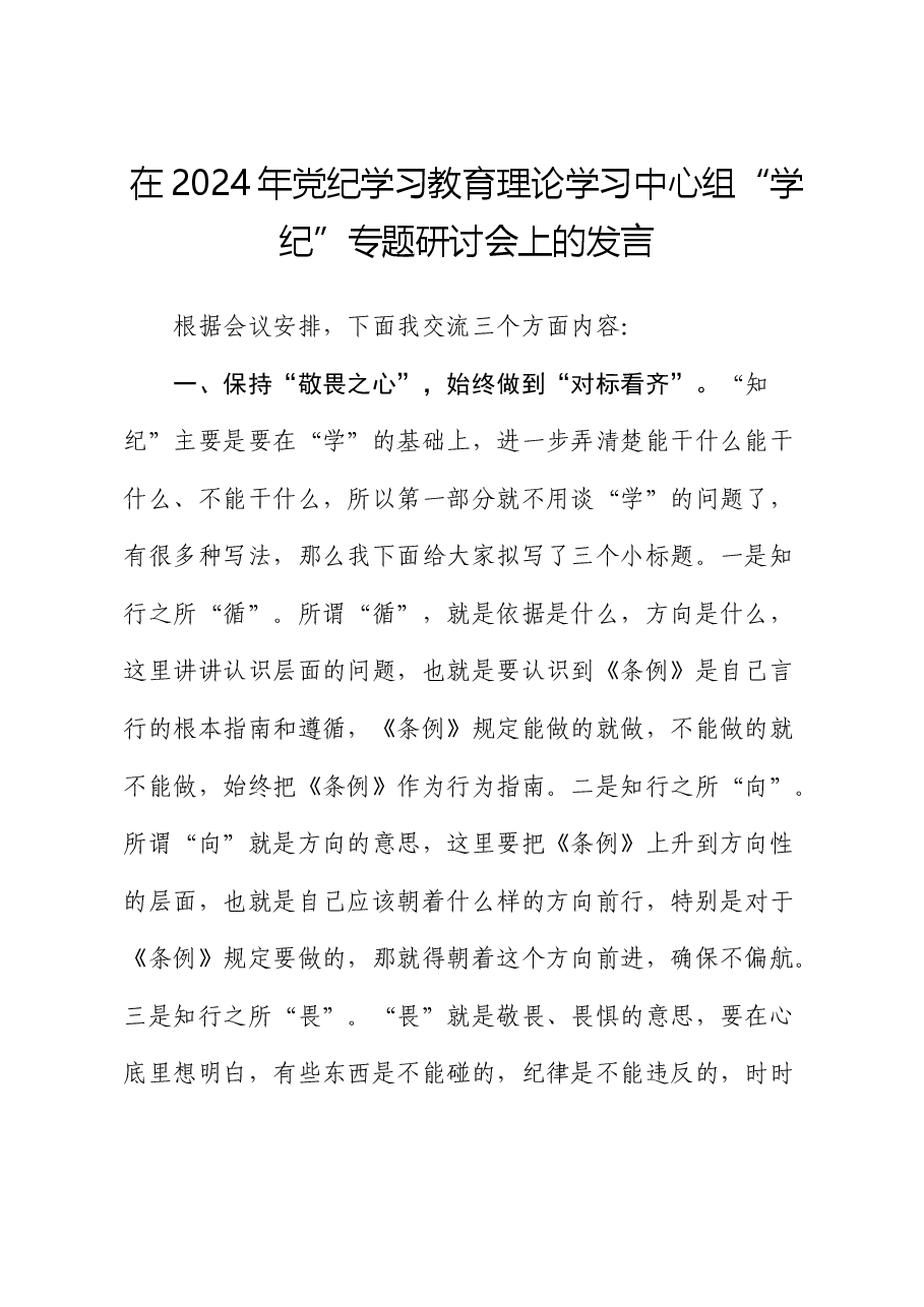 在党纪学习教育中心组“学纪”专题研讨会上的发言.docx,第1页预览
