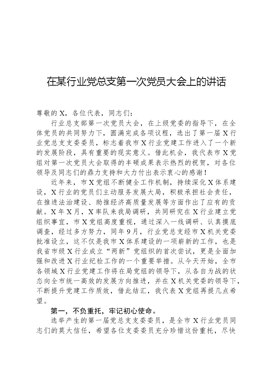 在某行业党总支第一次党员大会上的讲话.docx,第1页预览