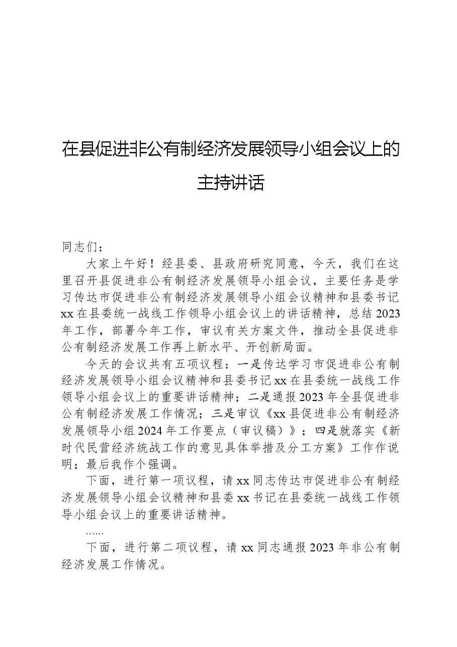 在县促进非公有制经济发展领导小组会议上的主持讲话.docx,第1页预览