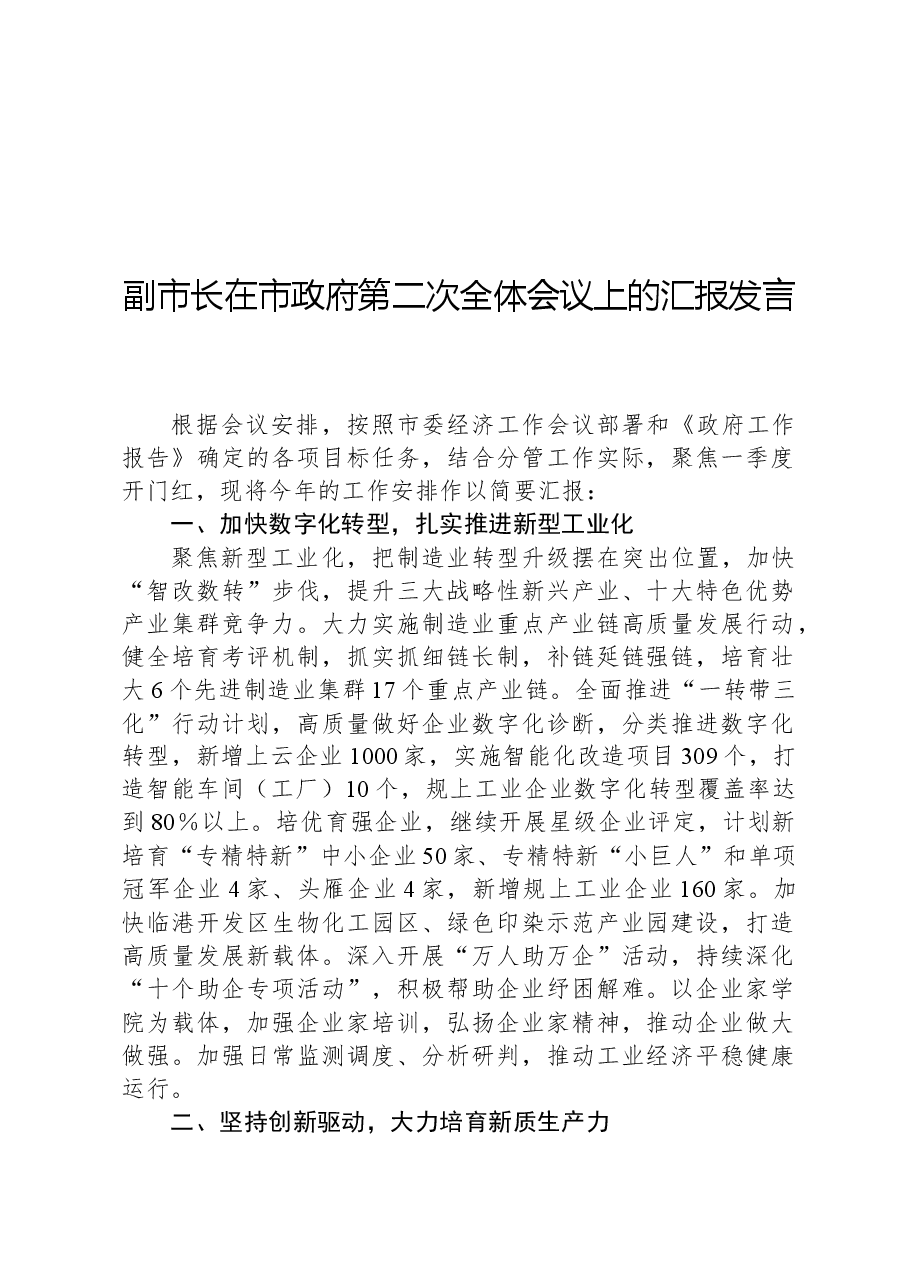副市长在市政府第二次全体会议上的汇报发言.docx,第1页预览