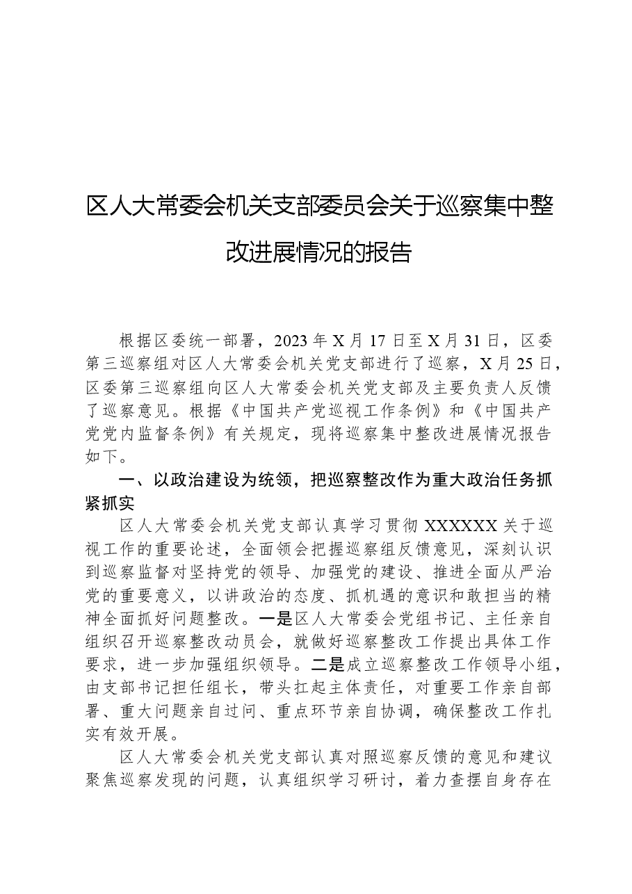 区人大常委会机关支部委员会关于巡察集中整改进展情况的报告.docx,第1页预览
