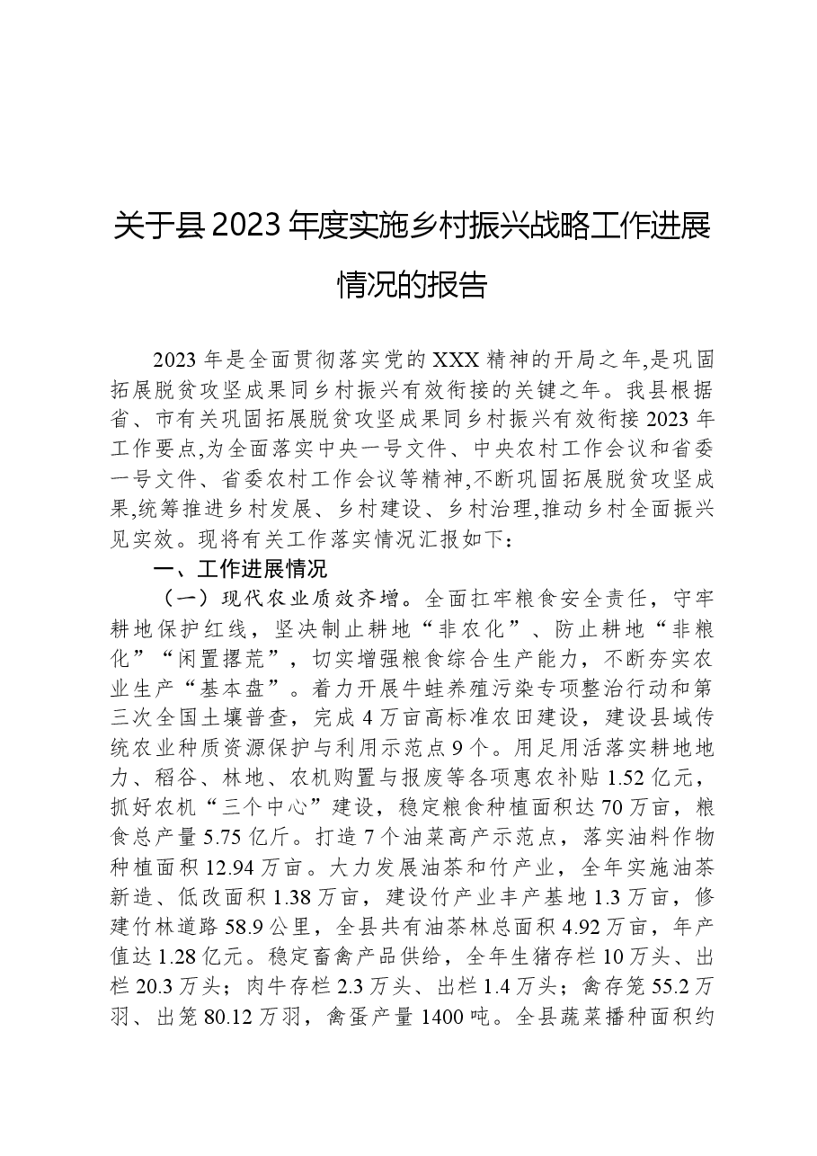 关于县2023年度实施乡村振兴战略工作进展情况的报告.docx,第1页预览