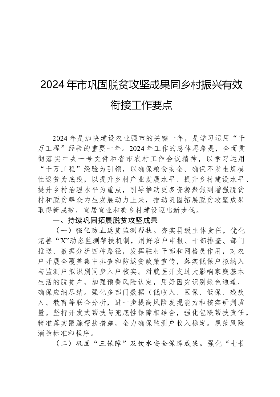 2024年市巩固脱贫攻坚成果同乡村振兴有效衔接工作要点.docx，第1页预览
