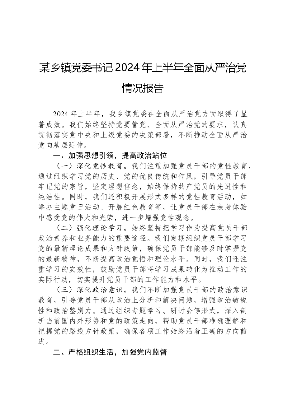 某乡镇党委书记2024年上半年全面从严治党情况报告.docx,第1页预览