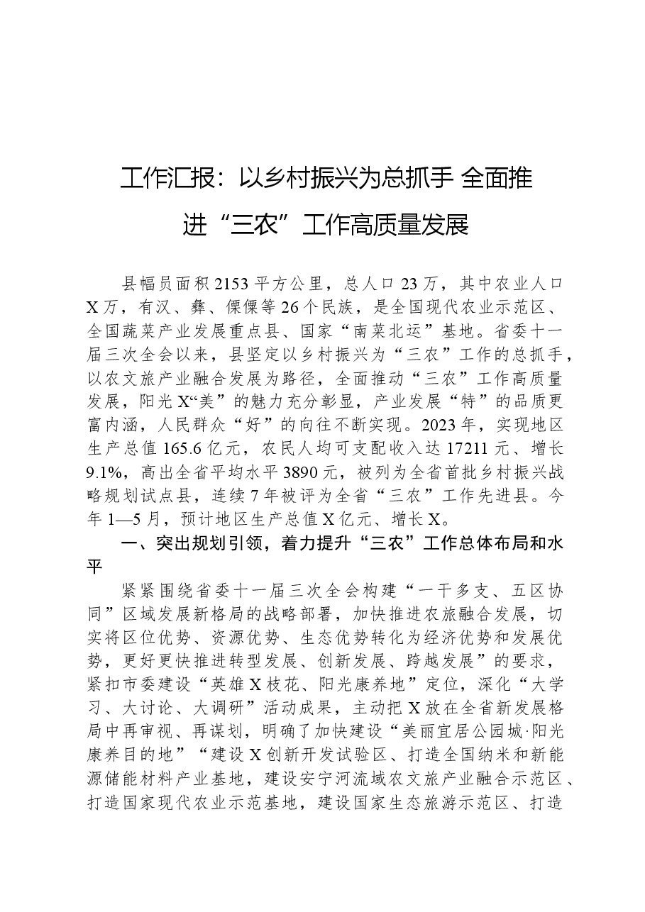 工作汇报：以乡村振兴为总抓手+全面推进“三农”工作高质量发展.docx，第1页预览