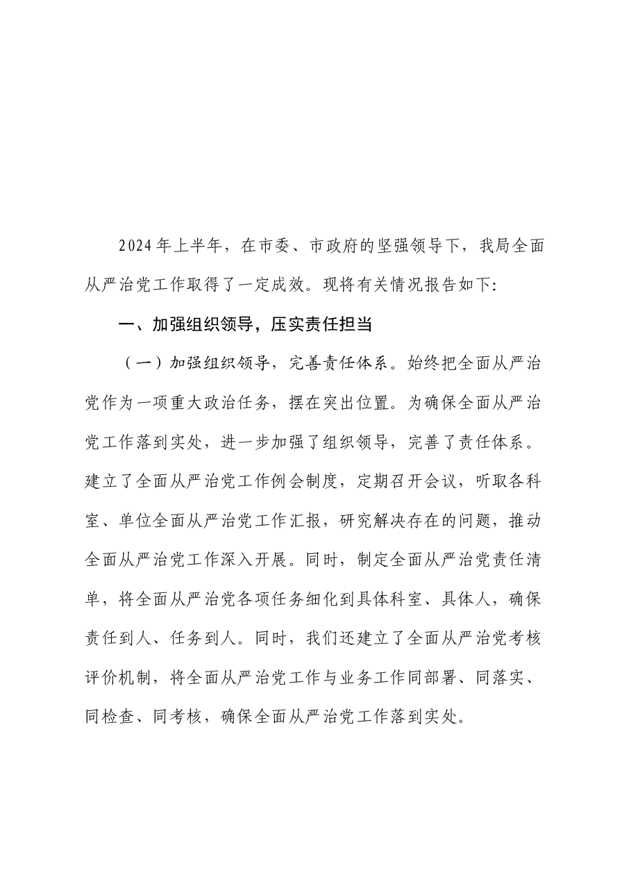 某局局长2024年上半年全面从严治党情况报告.docx,第1页预览