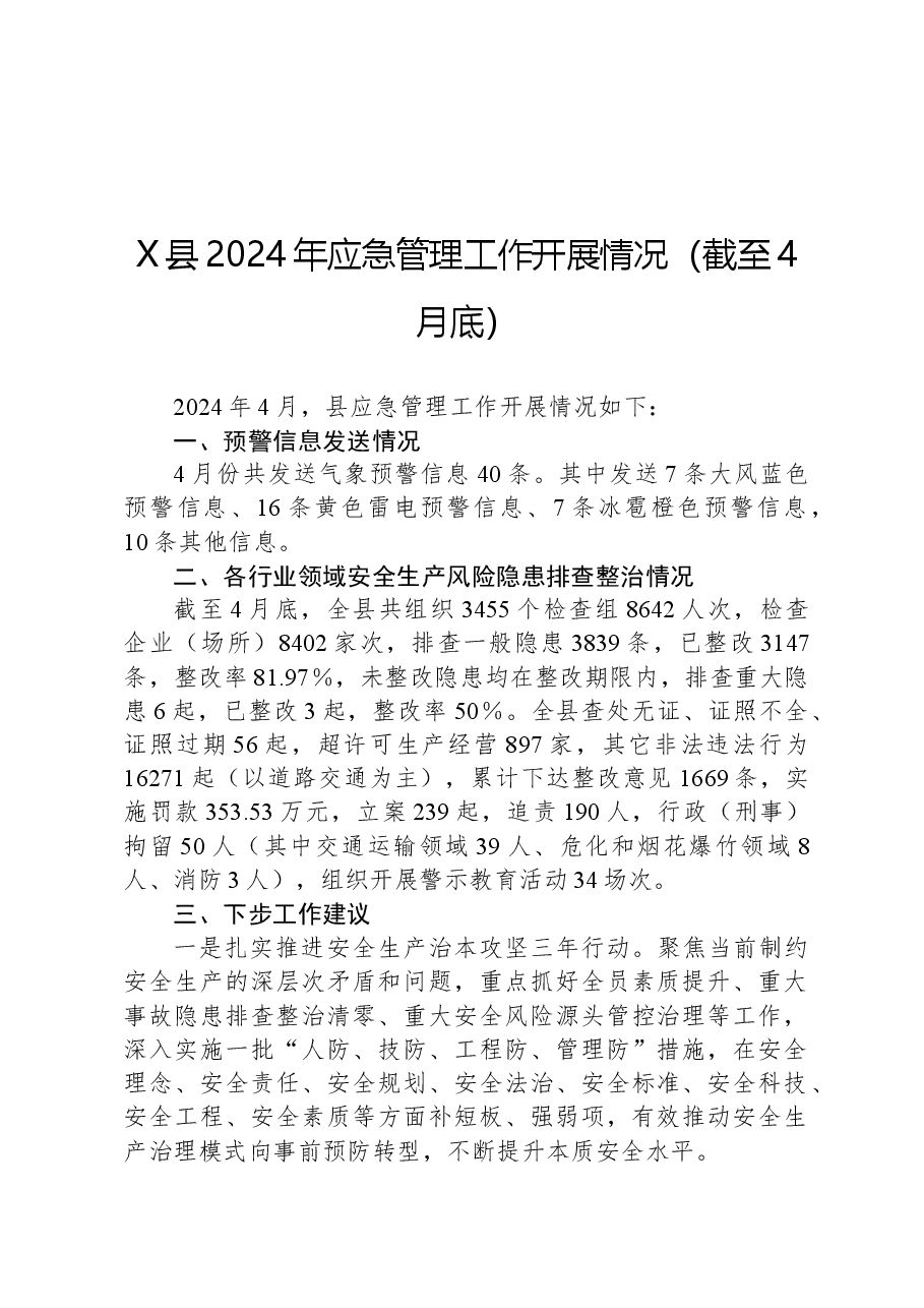 X县2024年应急管理工作开展情况(截至4月底).docx,第1页预览