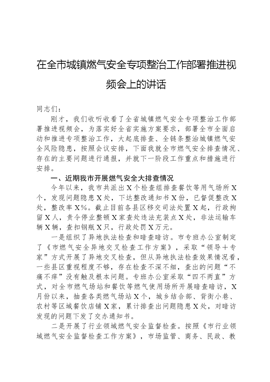 在全市城镇燃气安全专项整治工作部署推进视频会上的讲话.docx,第1页预览