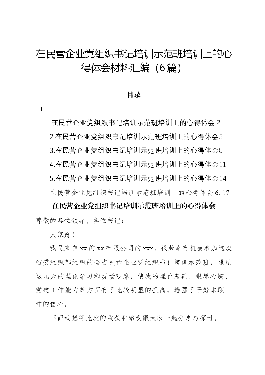 (6篇)在民营企业党组织书记培训示范班培训上的心得体会材料汇编.docx,第1页预览