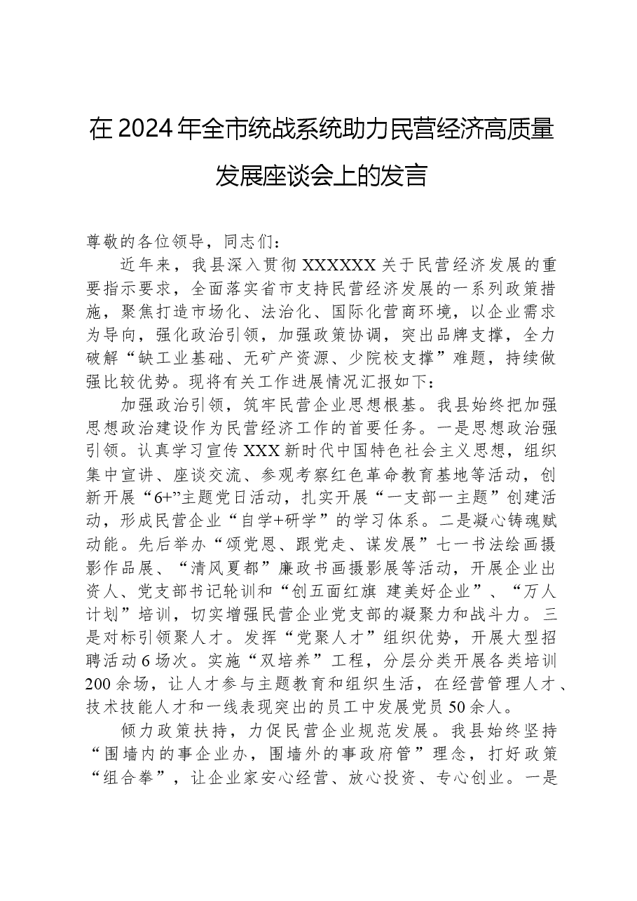 在2024年全市统战系统助力民营经济高质量发展座谈会上的发言.docx,第1页预览