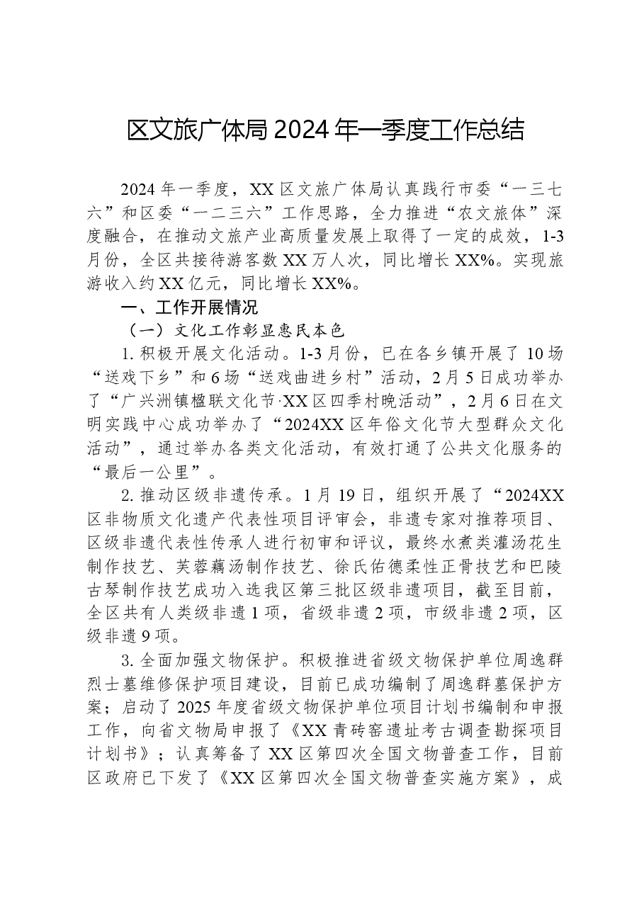 区文旅广体局2024年一季度工作总结.docx,第1页预览