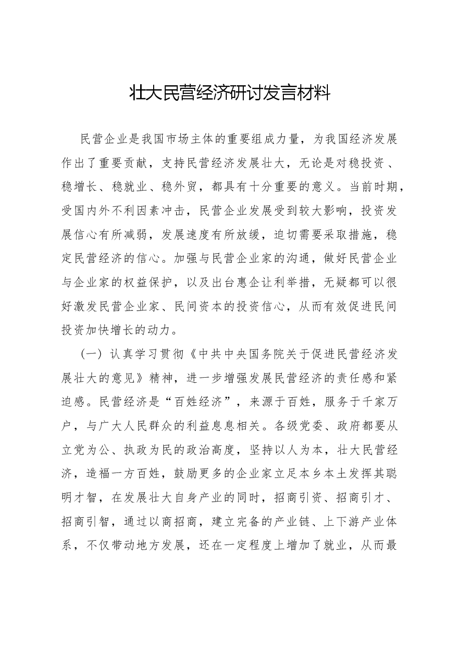 壮大民营经济研讨发言材料.docx,第1页预览