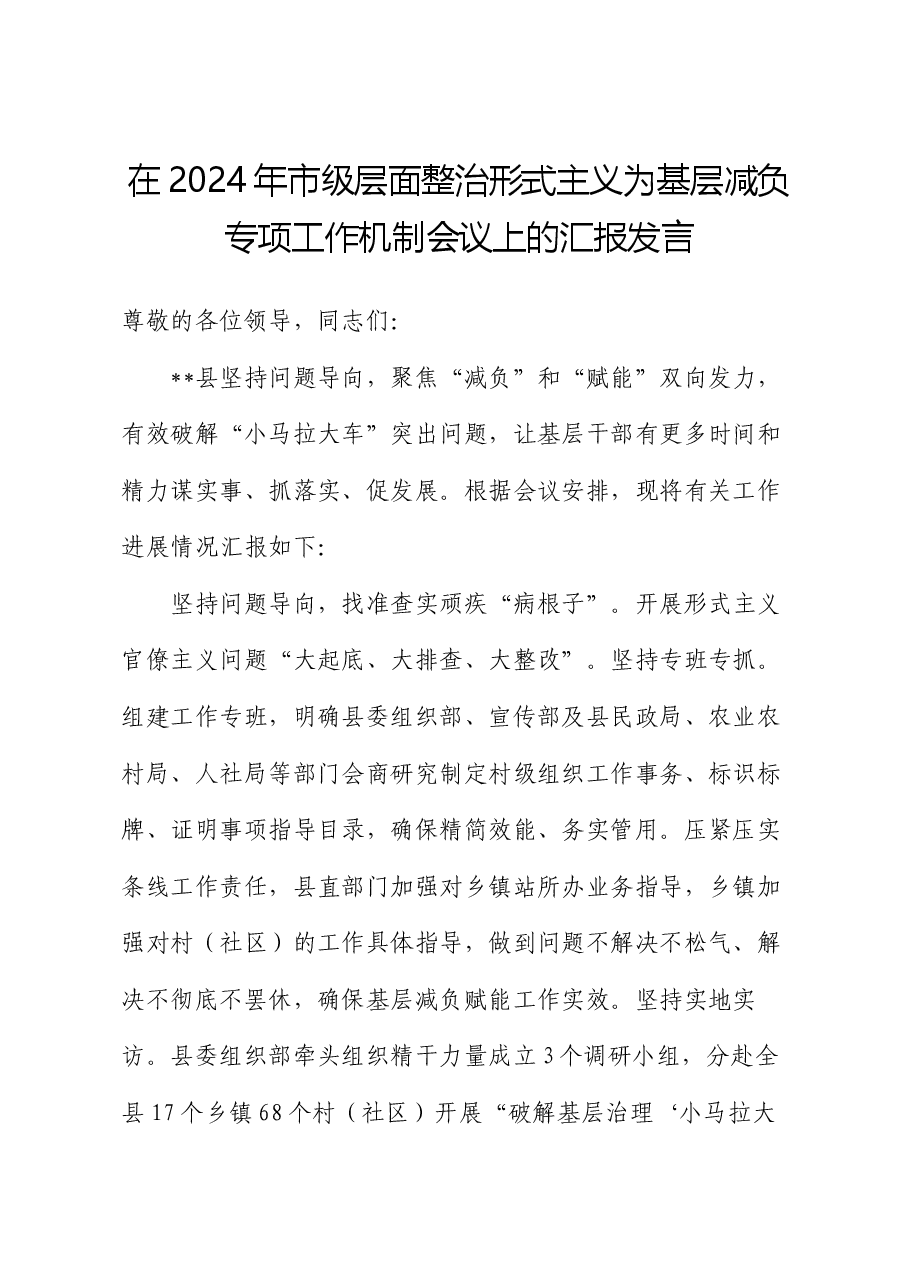 在2024年市级层面整治形式主义为基层减负专项工作机制会议上的汇报发言.docx,第1页预览