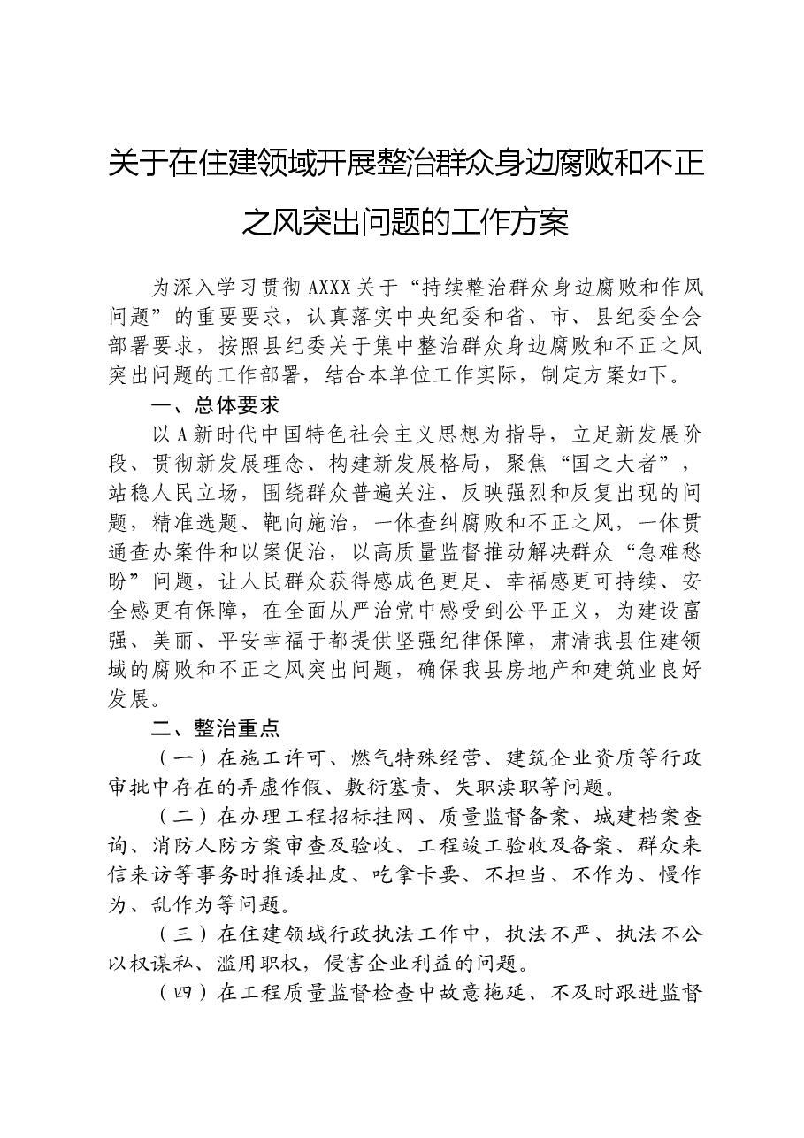 住建领域开展整治群众身边腐败和不正之风突出问题工作方案.docx,第1页预览