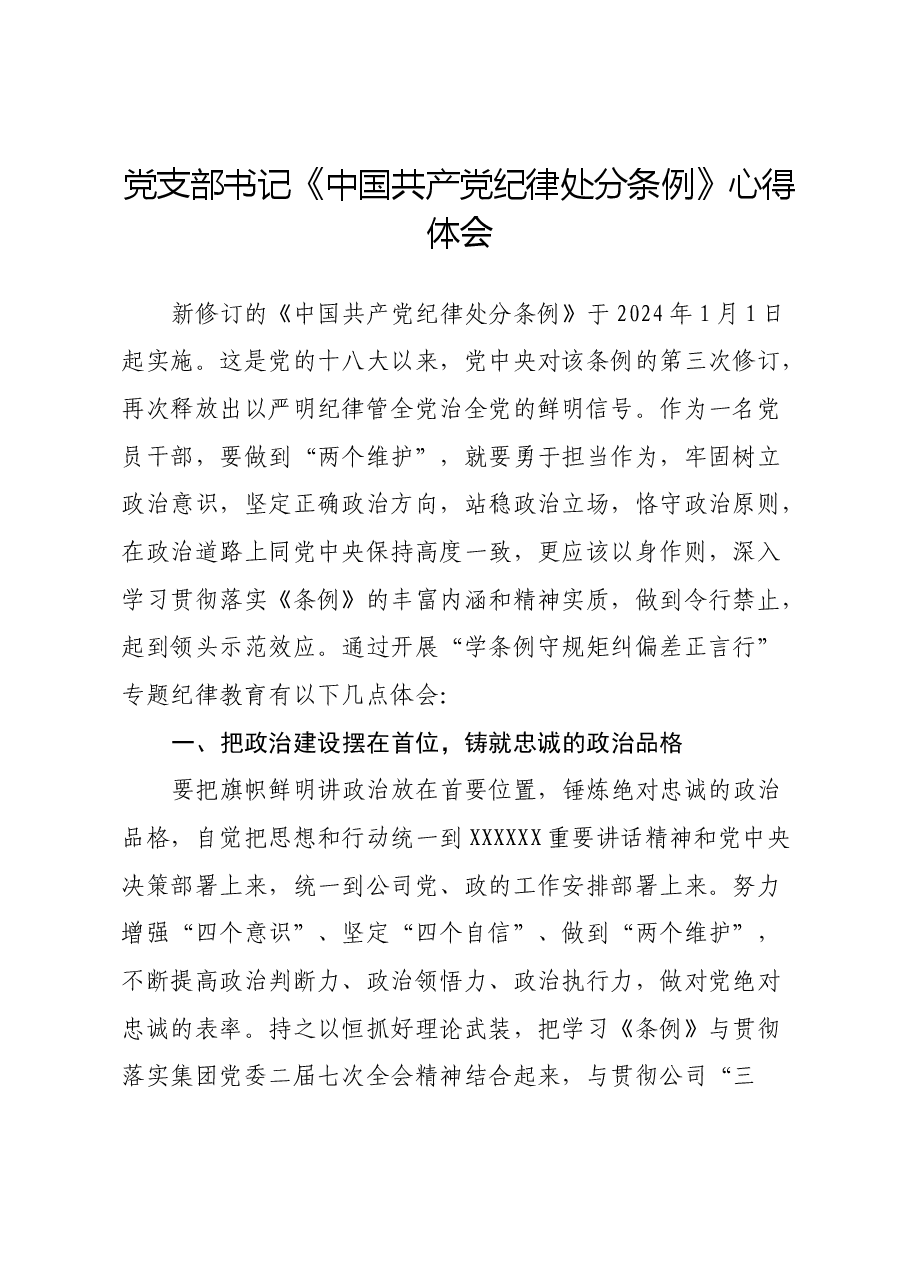 党支部书记《中国共产党纪律处分条例》心得体会.docx,第1页预览