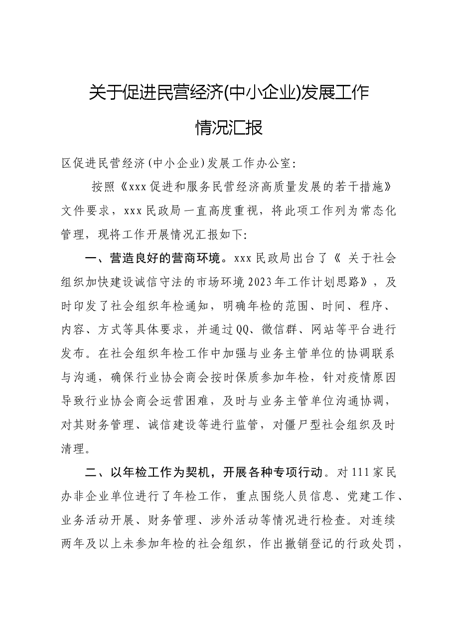 促进民营经济(中小企业)发展工作情况汇报.doc,第1页预览