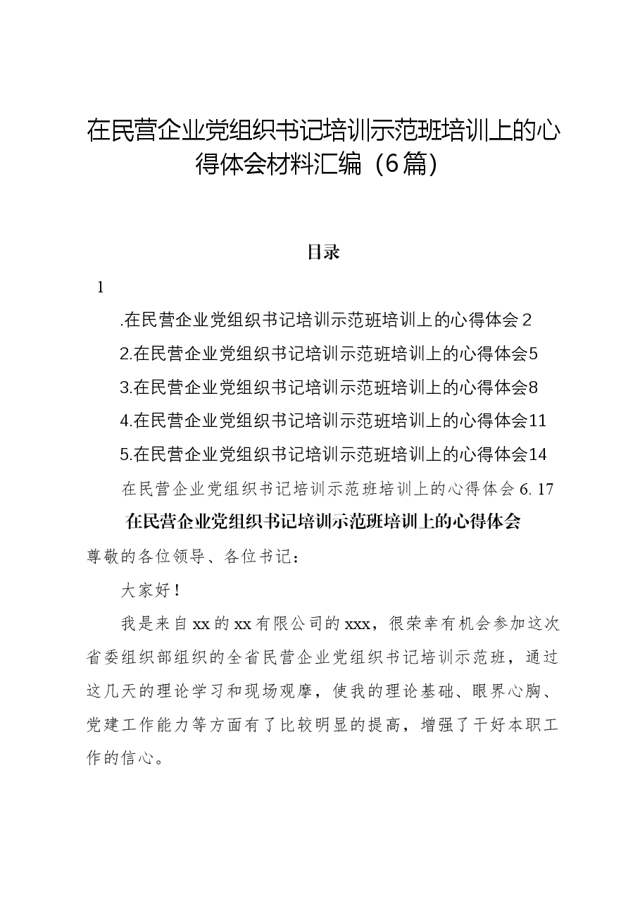 (6篇)在民营企业党组织书记培训示范班培训上的心得体会材料汇编.docx,第1页预览