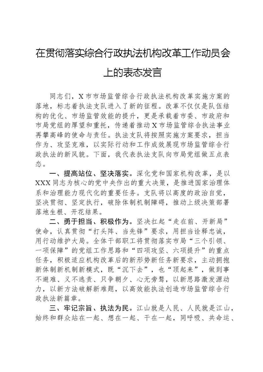 在贯彻落实综合行政执法机构改革工作动员会上的表态发言.docx,第1页预览