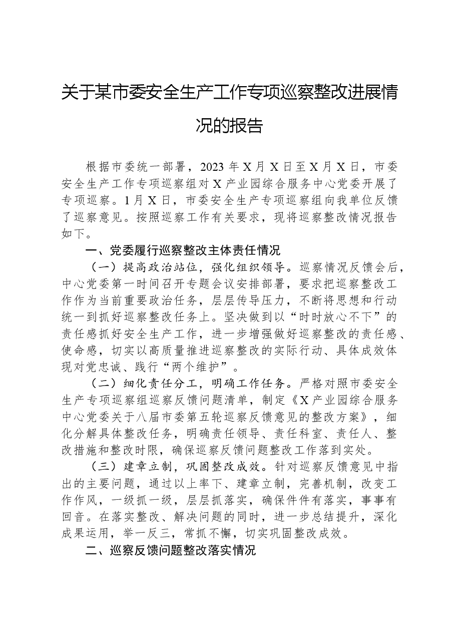 关于某市委安全生产工作专项巡察整改进展情况的报告.docx,第1页预览