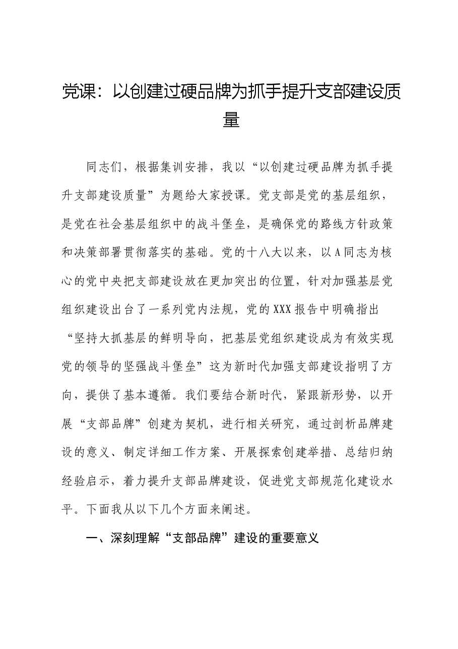 党课:以创建过硬党建品牌为抓手提升支部建设质量.docx,第1页预览