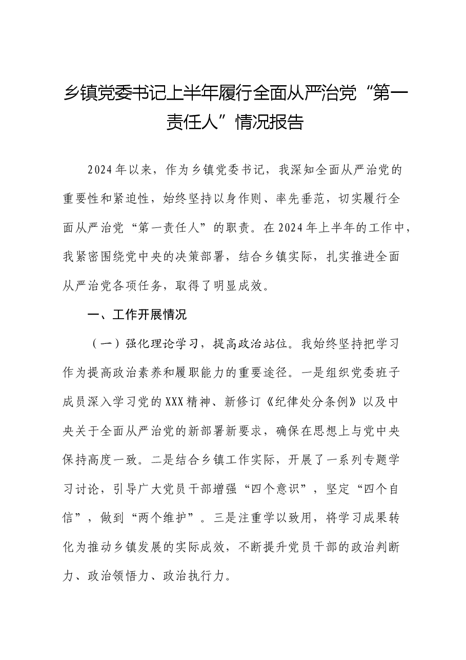 乡镇党委书记上半年履行全面从严治党“第一责任人”情况报告.docx,第1页预览