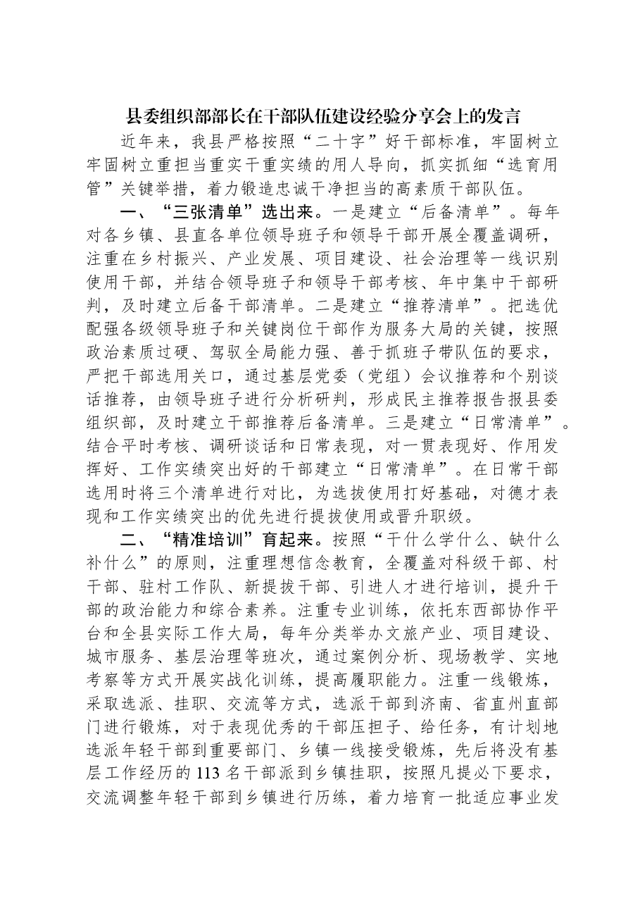 县委组织部部长在干部队伍建设经验分享会上的发言.docx,第1页预览