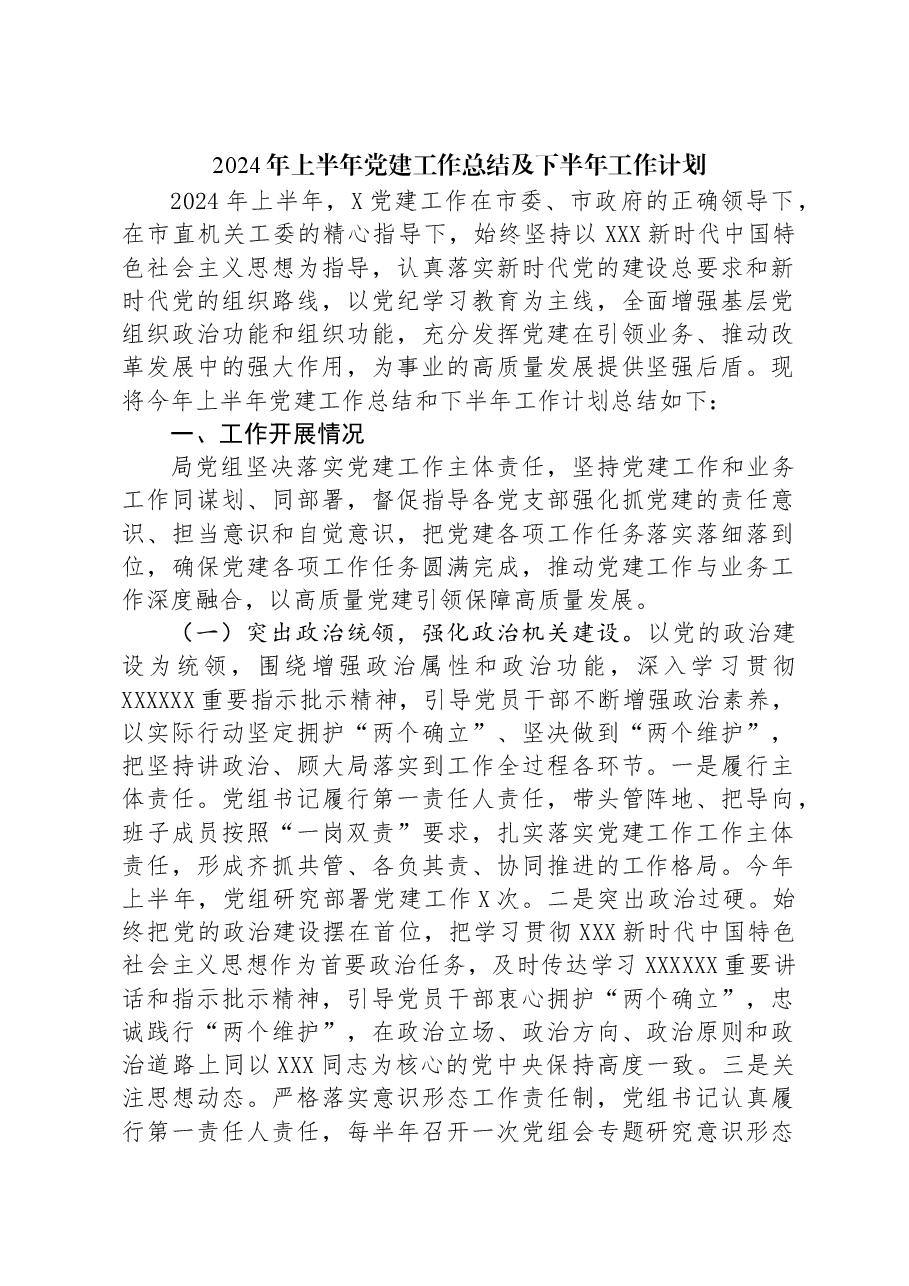 2024年上半年党建工作总结及下半年工作计划.docx,第1页预览