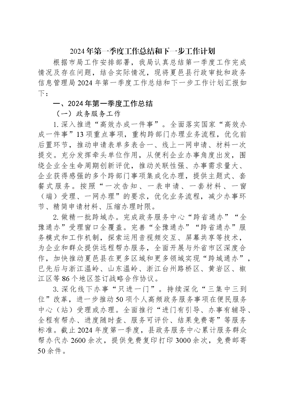 2024年第一季度工作总结和下一步工作计划.docx,第1页预览