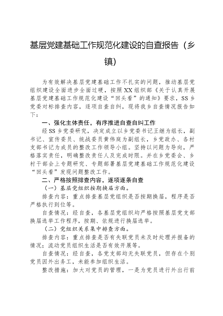 基层党建基础工作规范化建设的自查报告(乡镇).docx,第1页预览