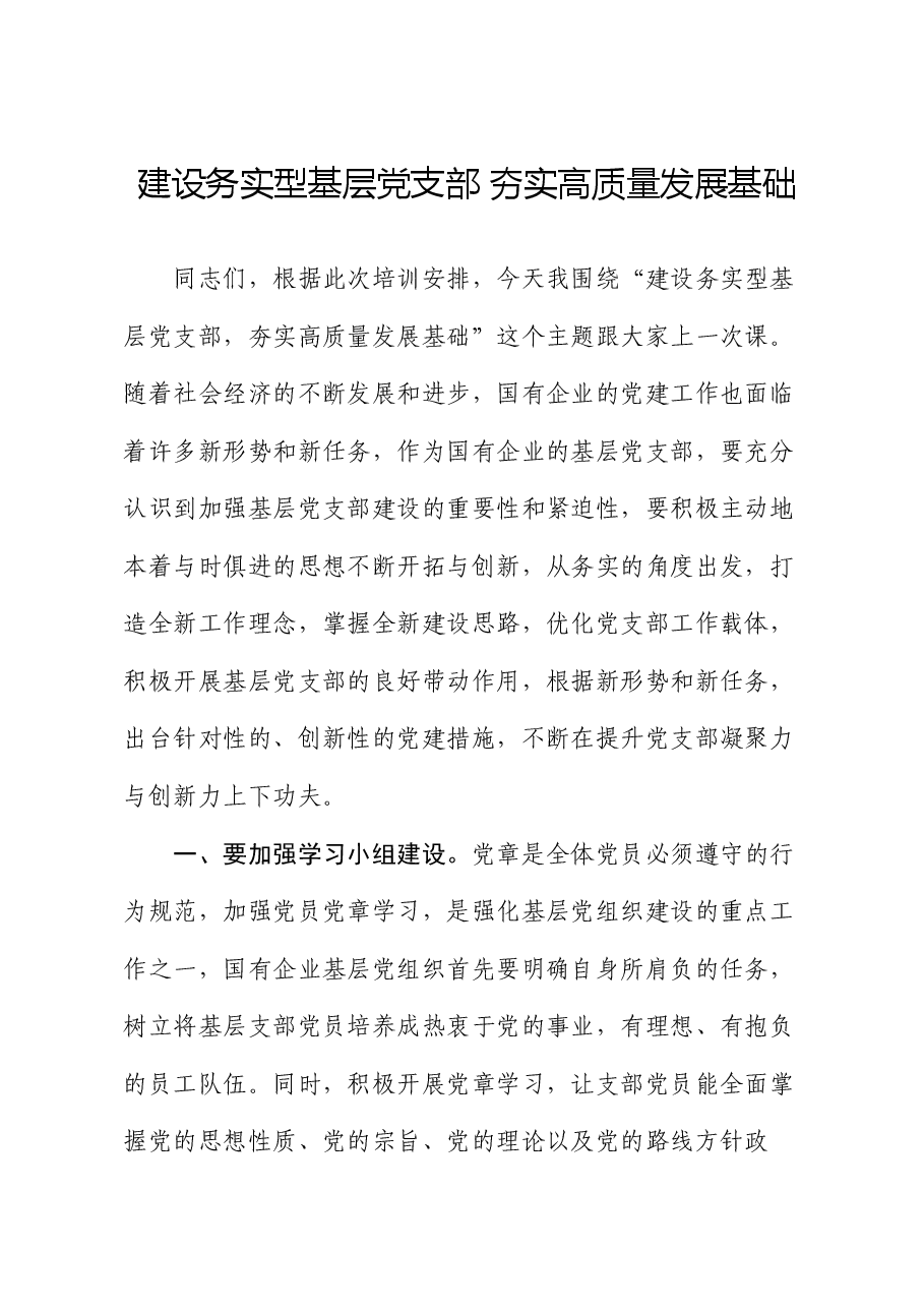 党课讲稿:建设务实型基层党支部 夯实高质量发展基础.docx,第1页预览