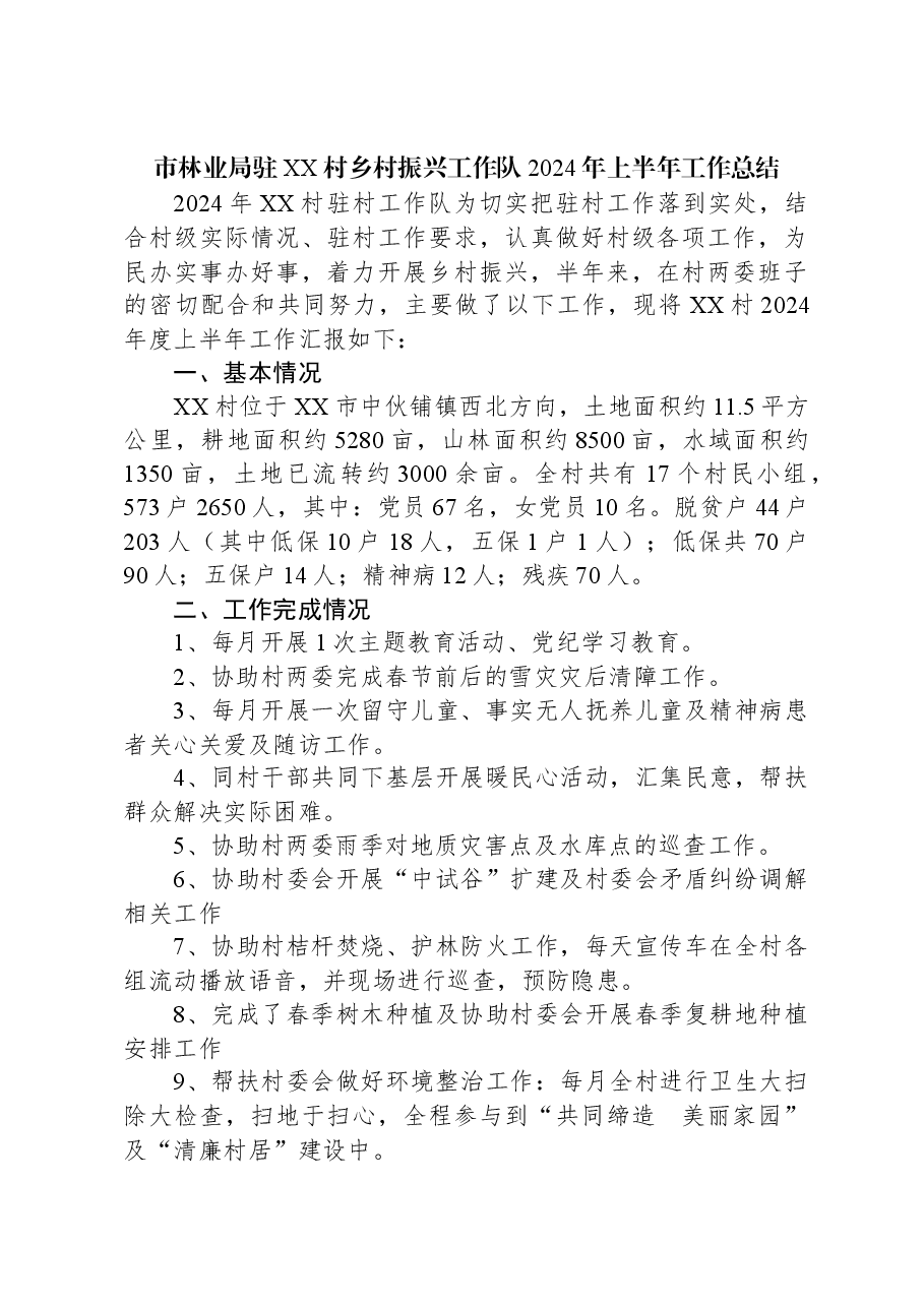市林业局驻XX村乡村振兴工作队2024年上半年工作总结.docx,第1页预览
