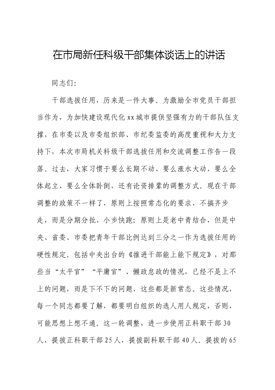 在市局新任科级干部集体谈话上的讲话.docx,第1页预览