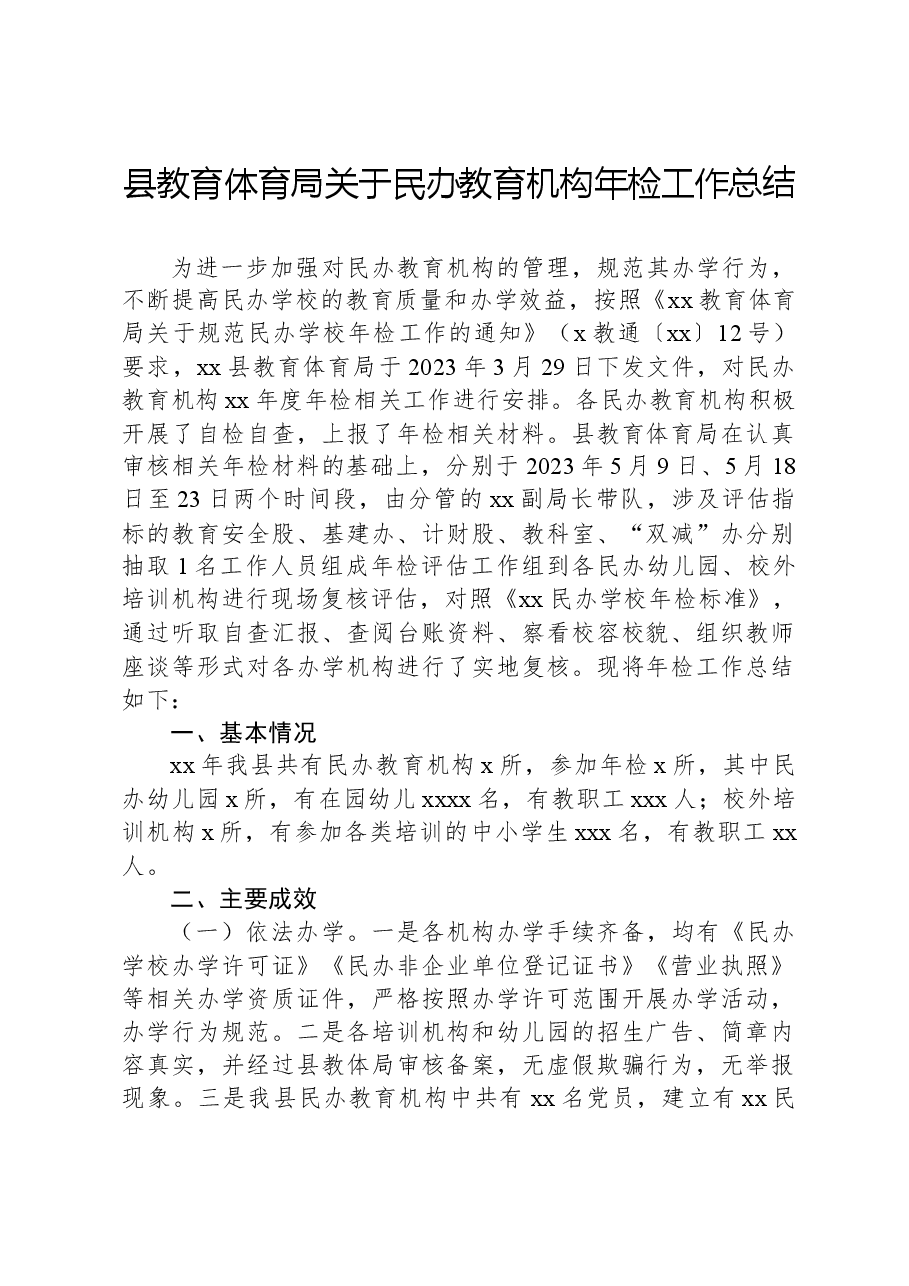 县教育体育局关于民办教育机构年检工作总结.docx,第1页预览