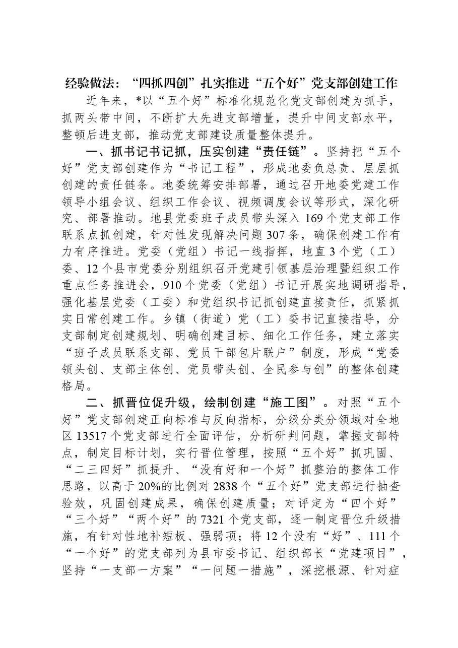经验做法:“四抓四创”扎实推进“五个好”党支部创建工作.docx,第1页预览