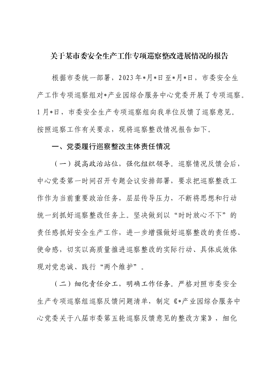 安全生产工作专项巡察整改进展情况的报告.docx,第1页预览