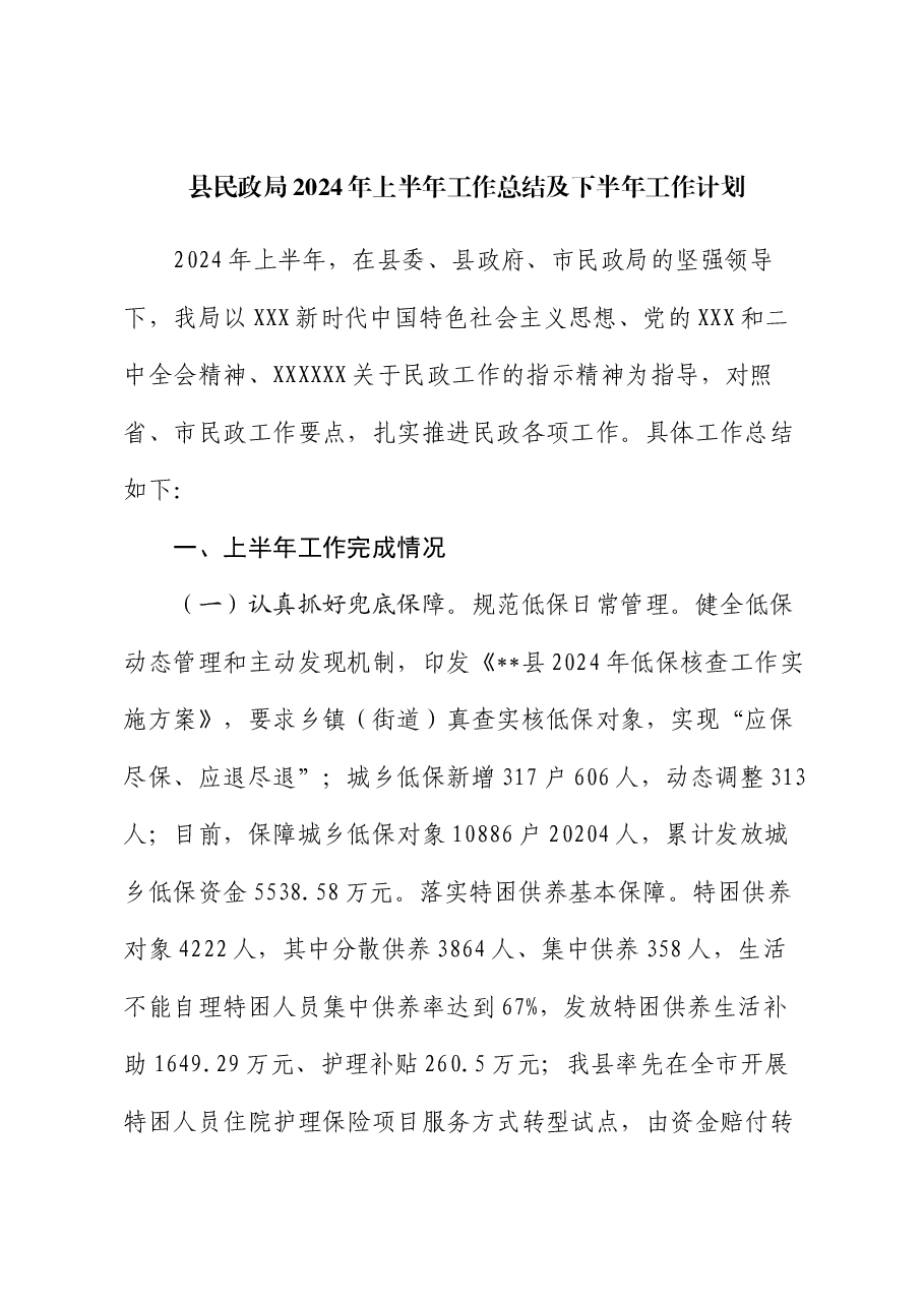 县民政局2024年上半年工作总结及下半年工作计划.docx,第1页预览