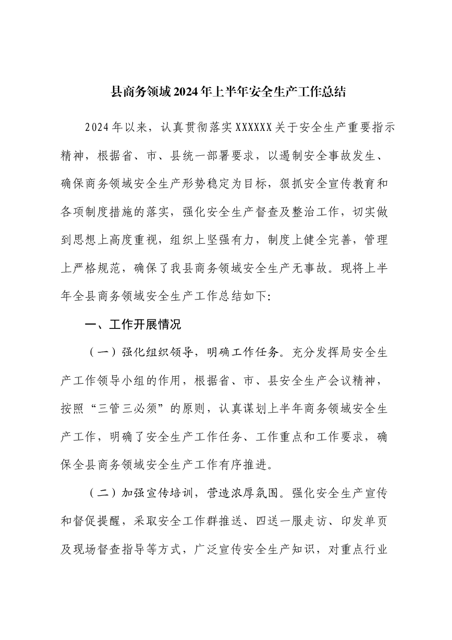 县商务领域2024年上半年安全生产工作总结.docx,第1页预览
