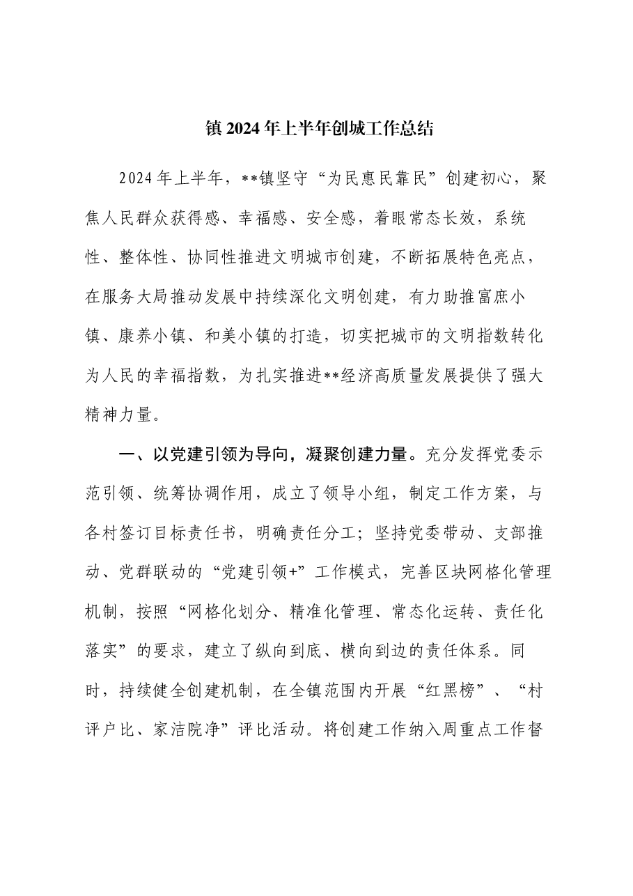 镇2024年上半年创城工作总结.docx，第1页预览