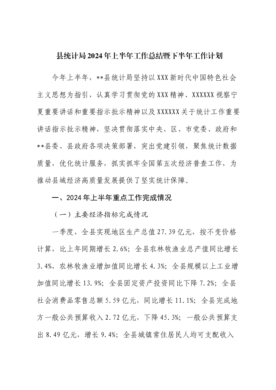 县统计局2024年上半年工作总结暨下半年工作计划.docx,第1页预览