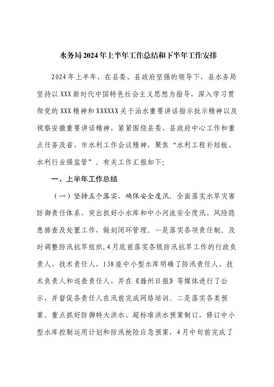 水务局2024年上半年工作总结和下半年工作安排.docx,第1页预览