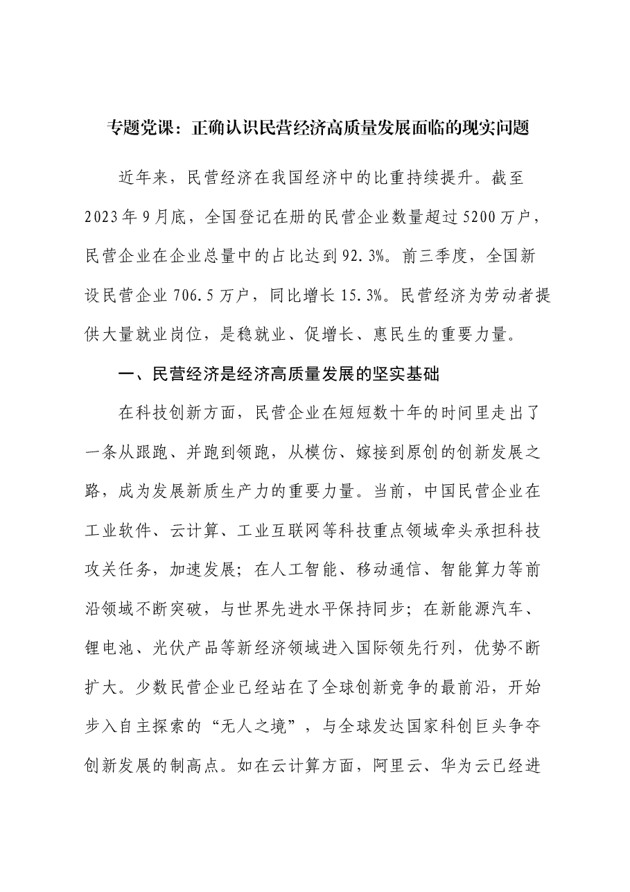 专题党课:正确认识民营经济高质量发展面临的现实问题.docx,第1页预览